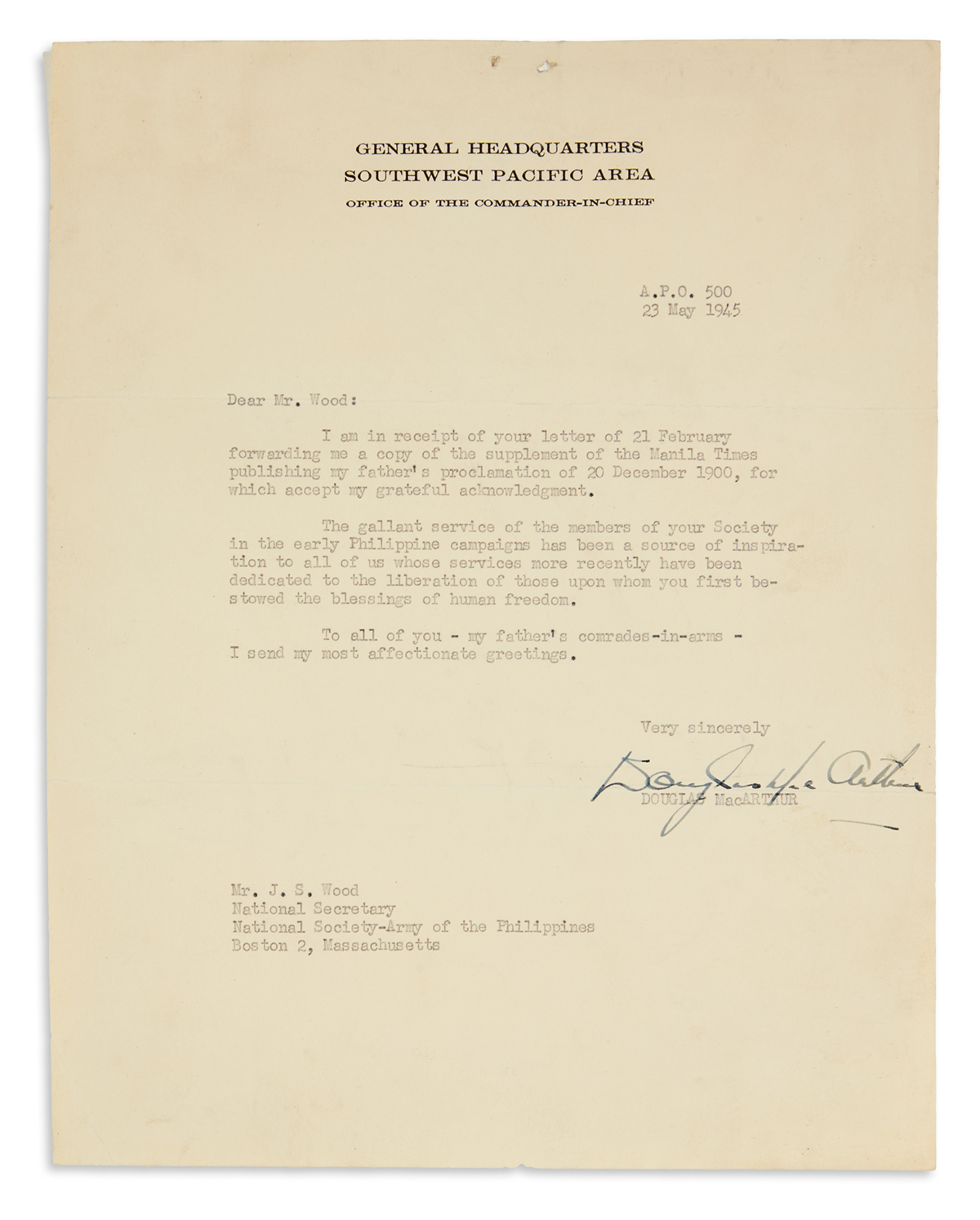 MACARTHUR, DOUGLAS. Typed Letter Signed, to National Secretary of the National Society-Army of the Philippines J.S. Wood,